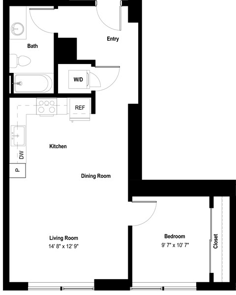 Floor plan for 1 bed, 1 bath, 731 sqft