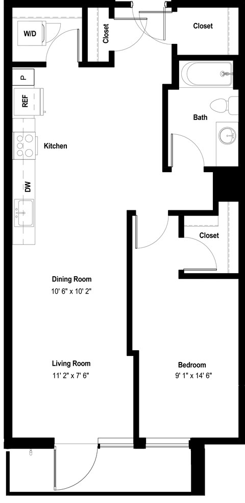 Floor plan for 1 bed, 1 bath, 876 sqft