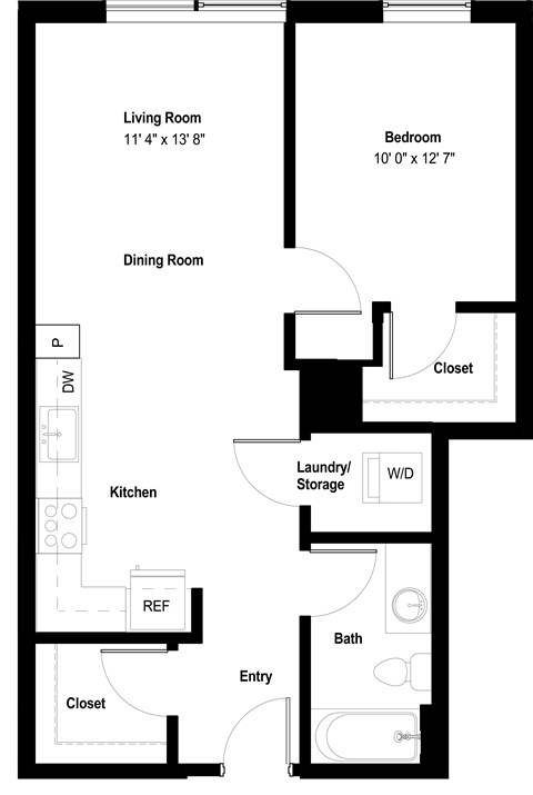 Floor plan for 1 bed, 1 bath, 724 sqft