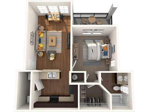 Floor plan for 1 bed, 1 bath, 722 sqft
