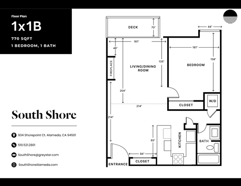 Floor plan for 1 bed, 1 bath, 770 sqft