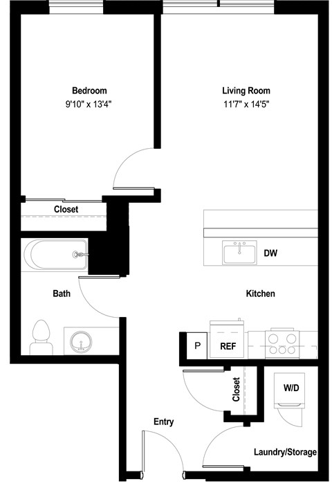 Floor plan for 1 bed, 1 bath, 720 sqft