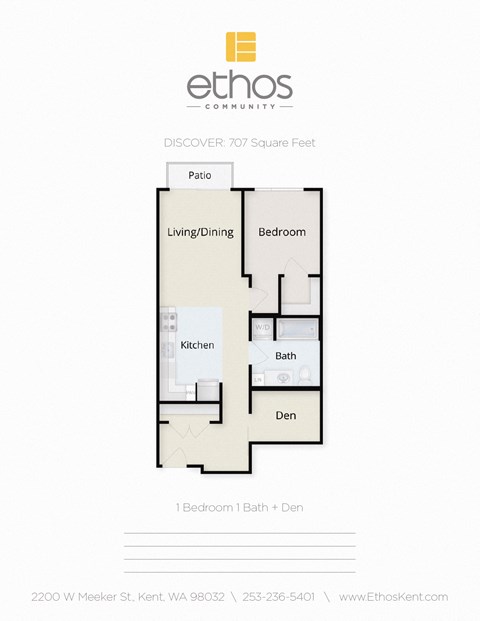 Floor plan for 1 bed, 1 bath, 707 sqft