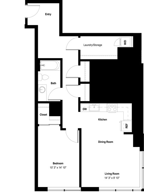 Floor plan for 1 bed, 1 bath, 915 sqft