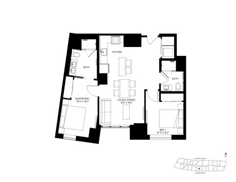 Floor plan for 2 beds, 2 baths, 893 sqft