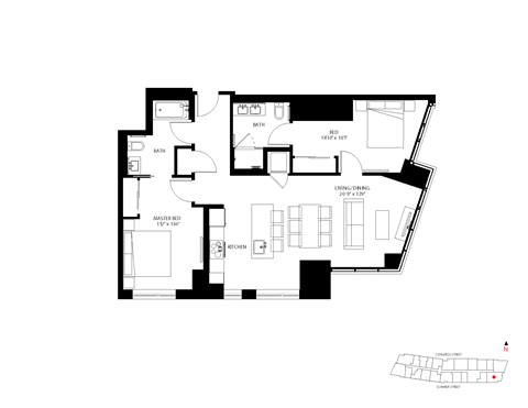 Floor plan for 2 beds, 2 baths, 1080 sqft