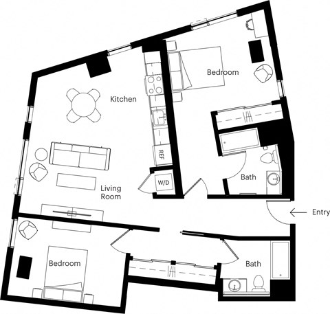 Floor plan for 2 beds, 2 baths, 1034 sqft