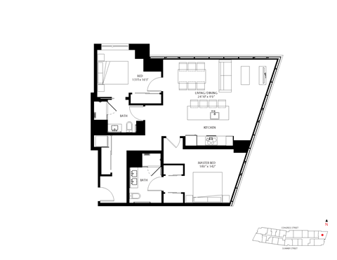 Floor plan for 2 beds, 2 baths, 1177 sqft