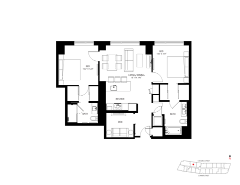 Floor plan for 2 beds, 2 baths, 1125 sqft