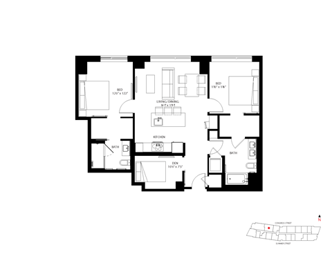 Floor plan for 2 beds, 2 baths, 1111 sqft