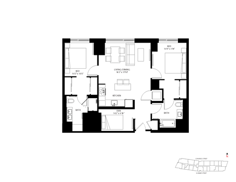 Floor plan for 2 beds, 2 baths, 1066 sqft