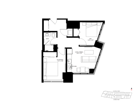 Floor plan for 2 beds, 1 bath, 679 sqft