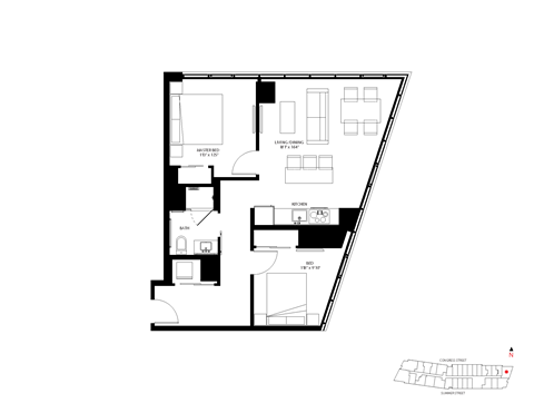 Floor plan for 2 beds, 2 baths, 822 sqft