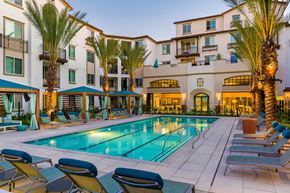 San Diego apartment for rent - A pool surrounded by lounge chairs and palm trees at Sola at Pacific Highlands Ranch Apartments, San Diego, California