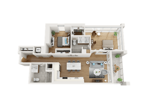 Floor plan for 2 beds, 2 baths, 1069 sqft