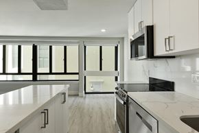 San Francisco apartment for rent - an open kitchen with marble counter tops and a large window
