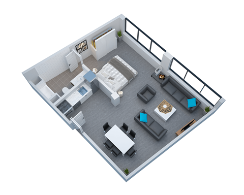 Floor plan for 1 bed, 1 bath, 940 sqft