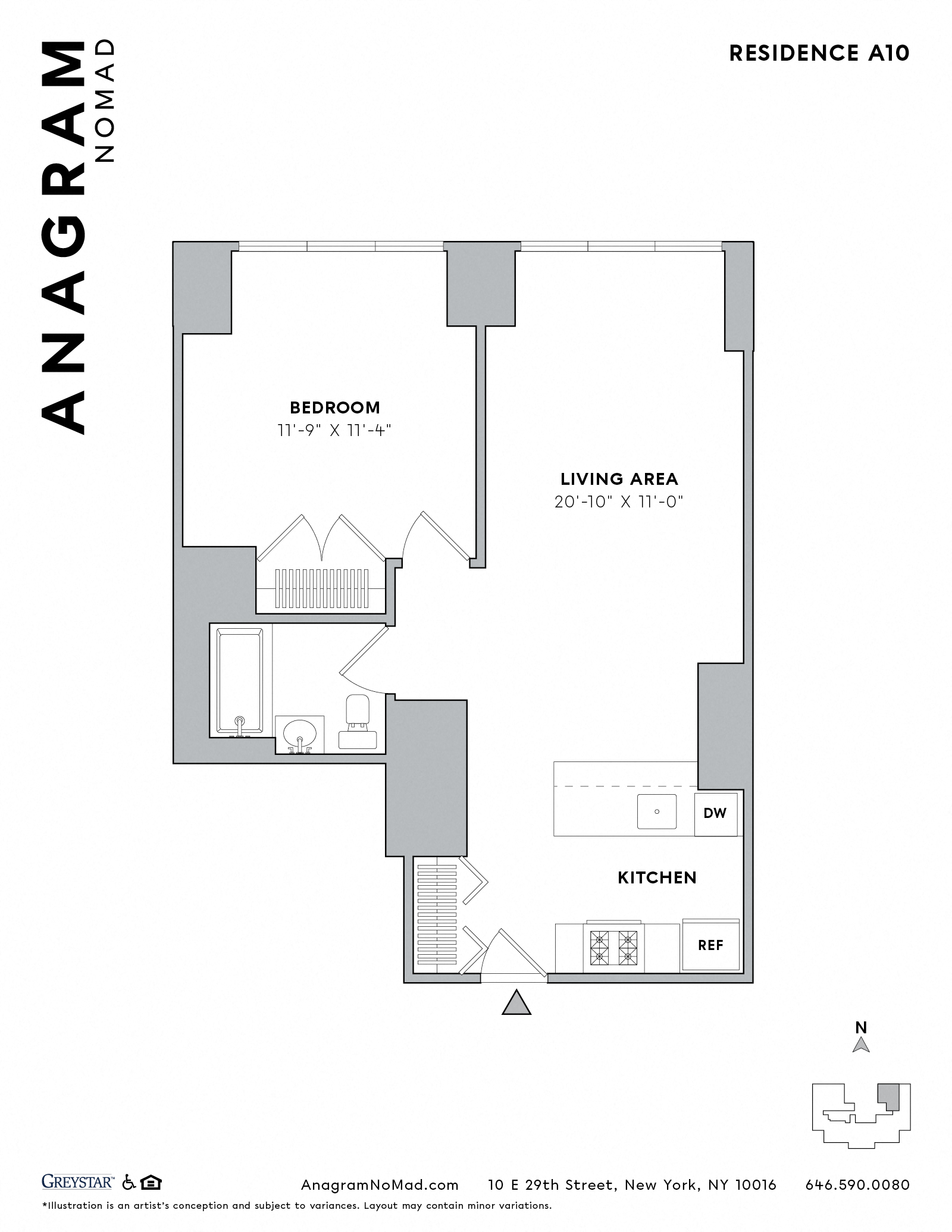 Floor plan for 1 bed, 1 bath, 624 sqft