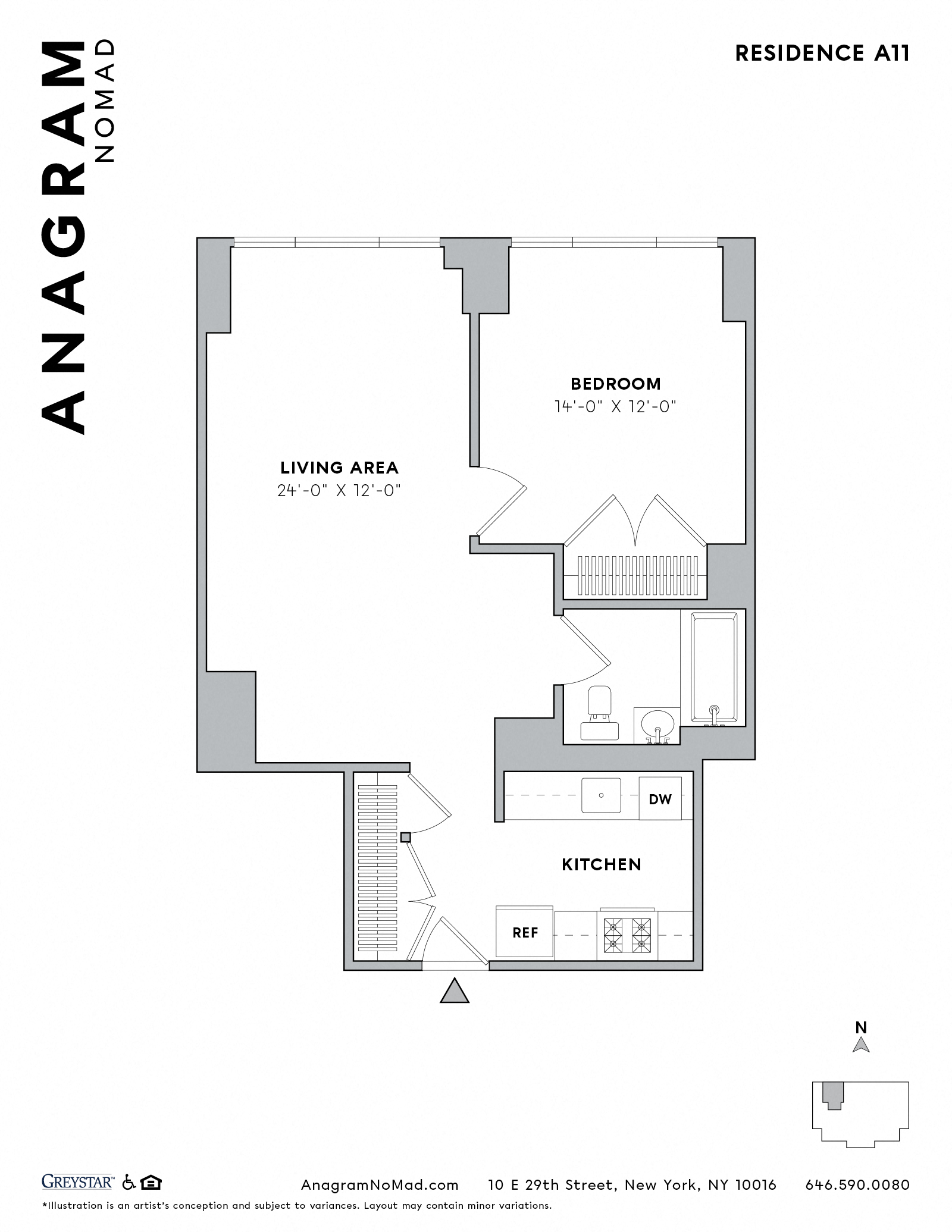 Floor plan for 1 bed, 1 bath, 625 sqft