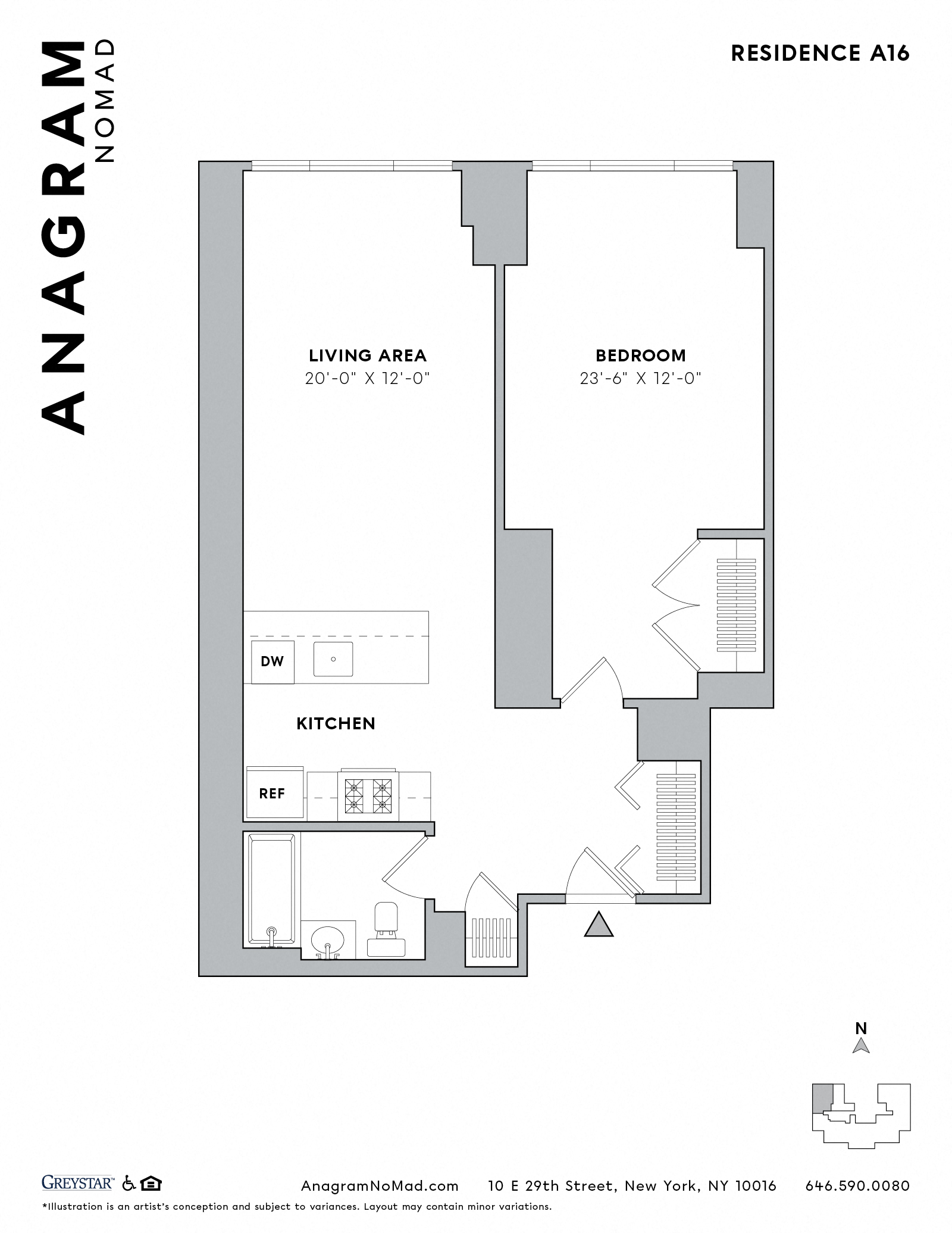 Floor plan for 1 bed, 1 bath, 688 sqft