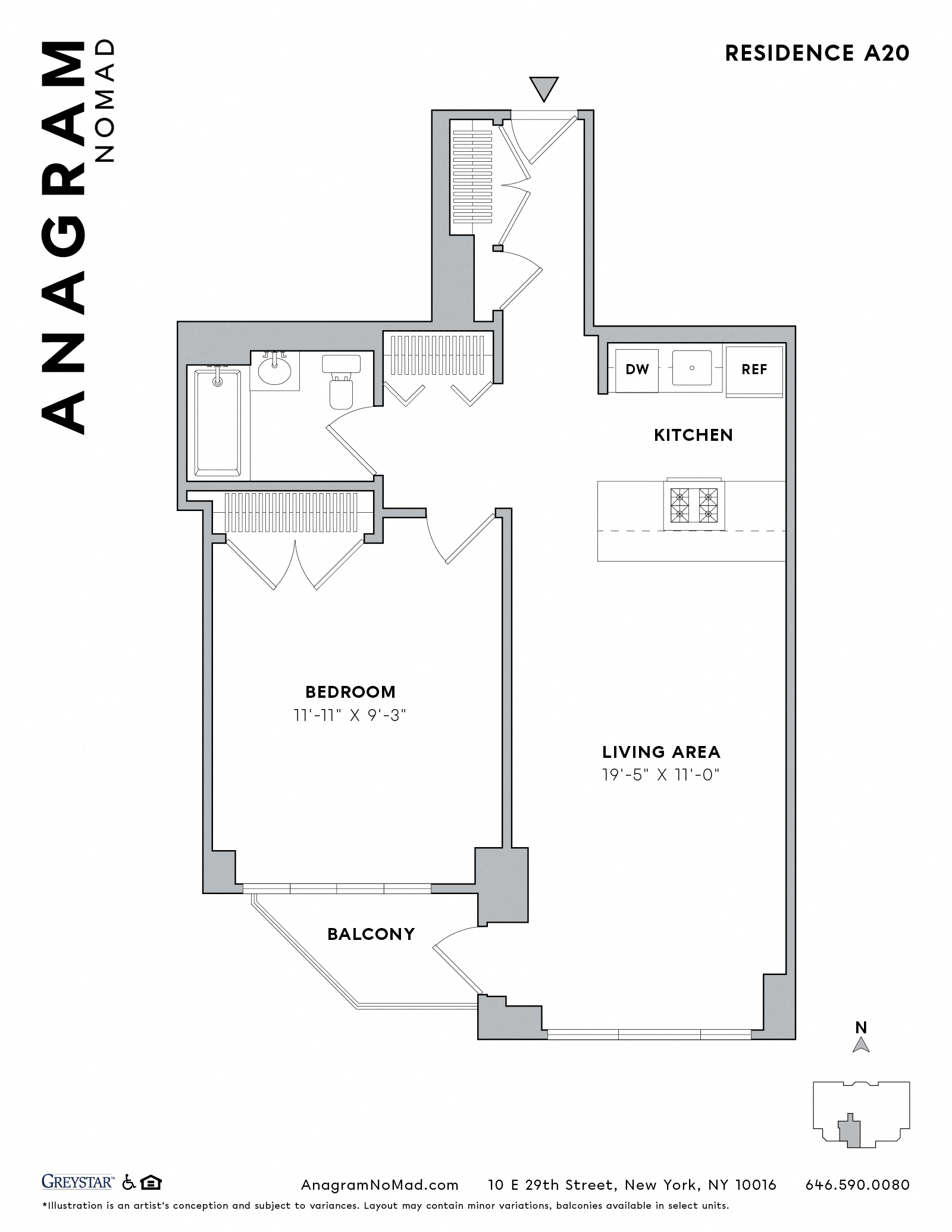 Floor plan for 1 bed, 1 bath, 725 sqft