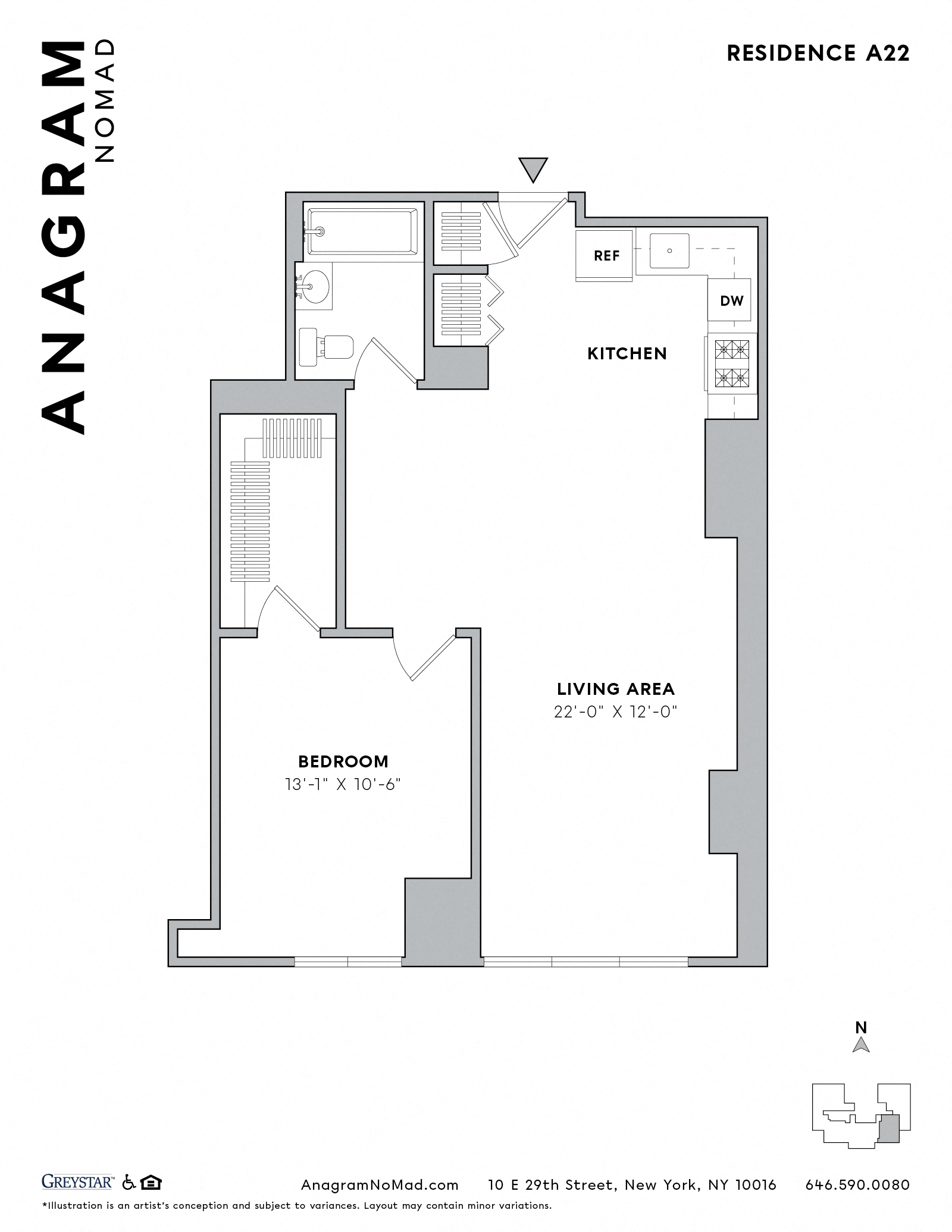 Floor plan for 1 bed, 1 bath, 741 sqft