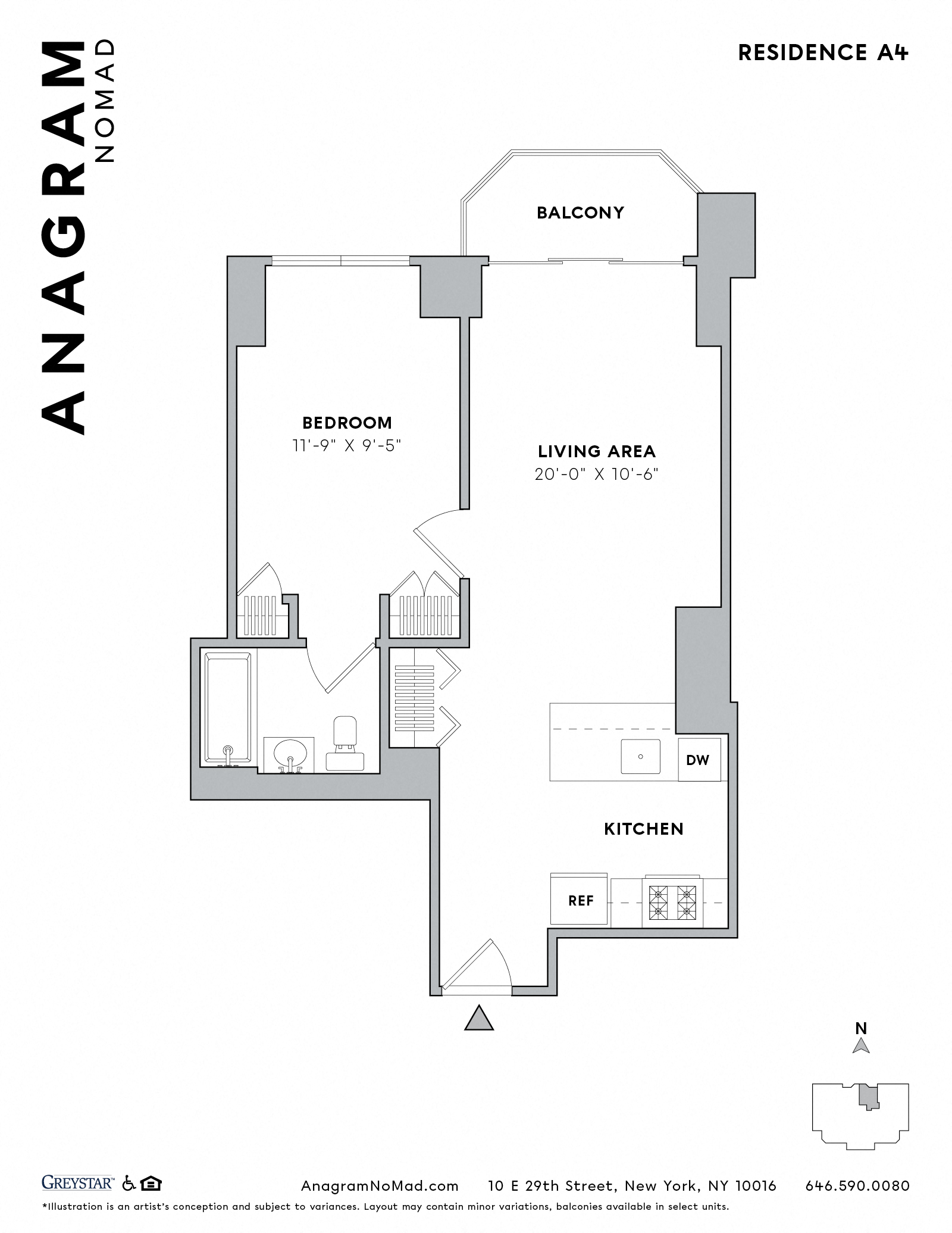 Floor plan for 1 bed, 1 bath, 545 sqft