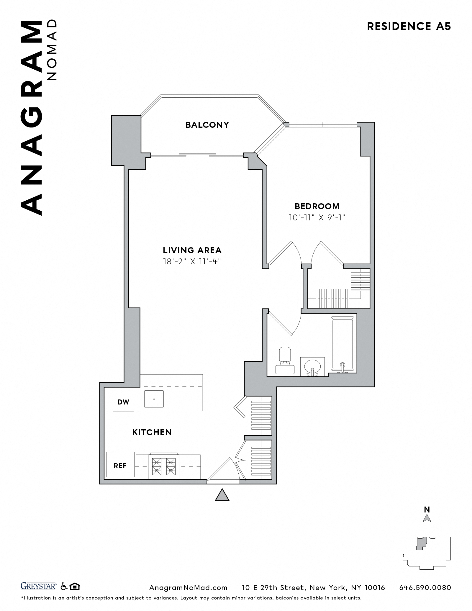 Floor plan for 1 bed, 1 bath, 553 sqft