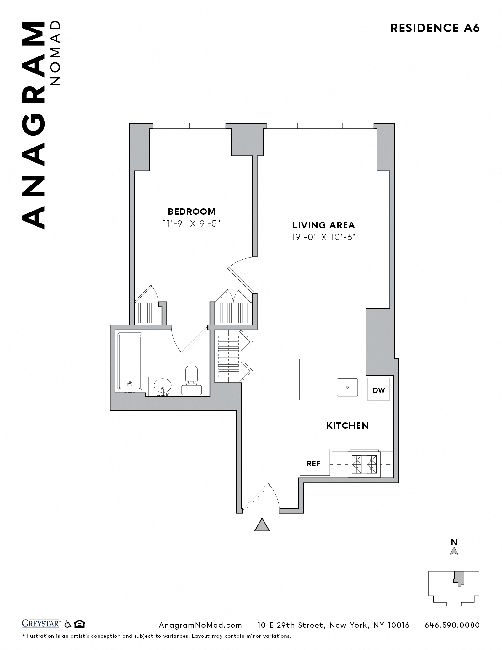 Floor plan for 1 bed, 1 bath, 558 sqft