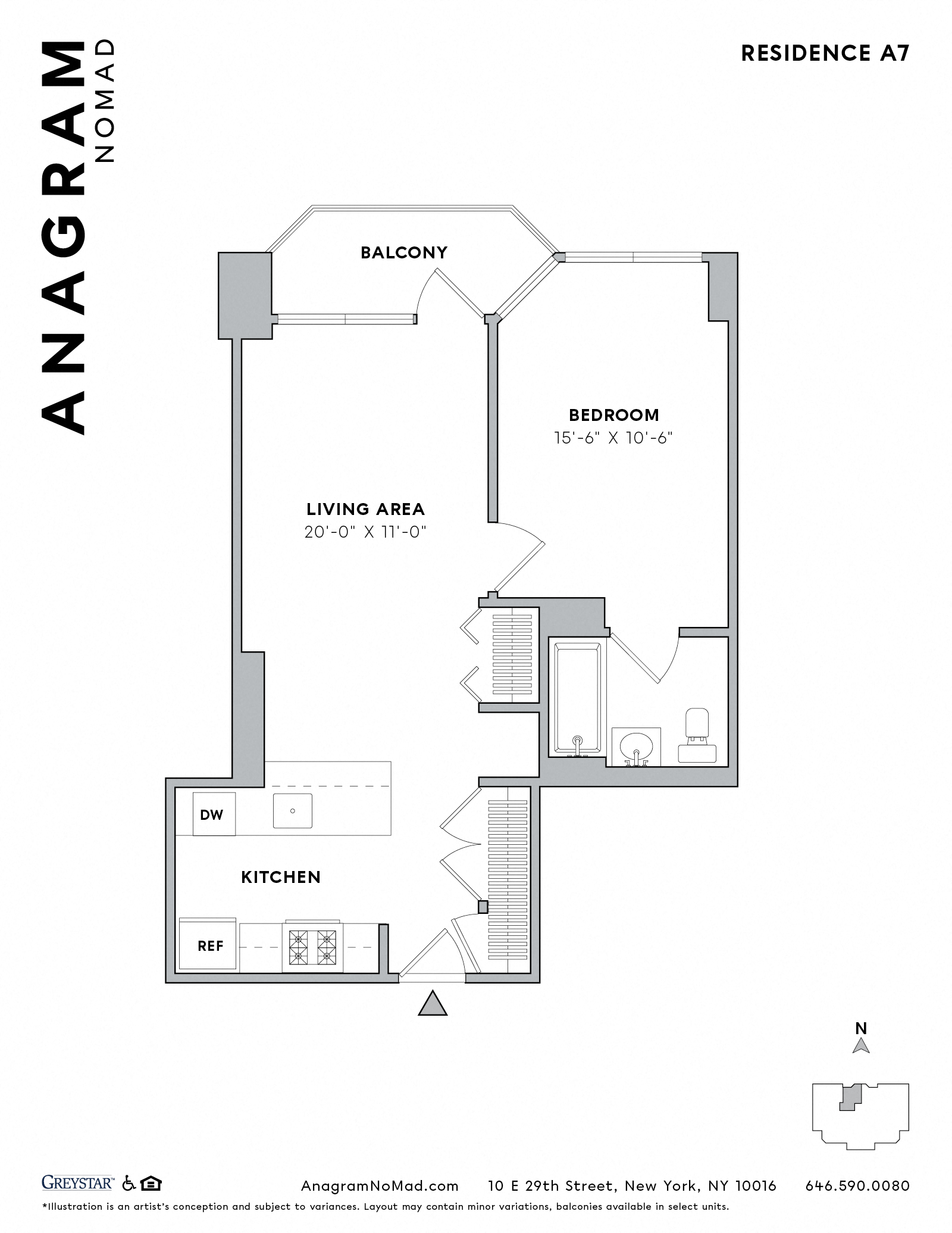 Floor plan for 1 bed, 1 bath, 563 sqft