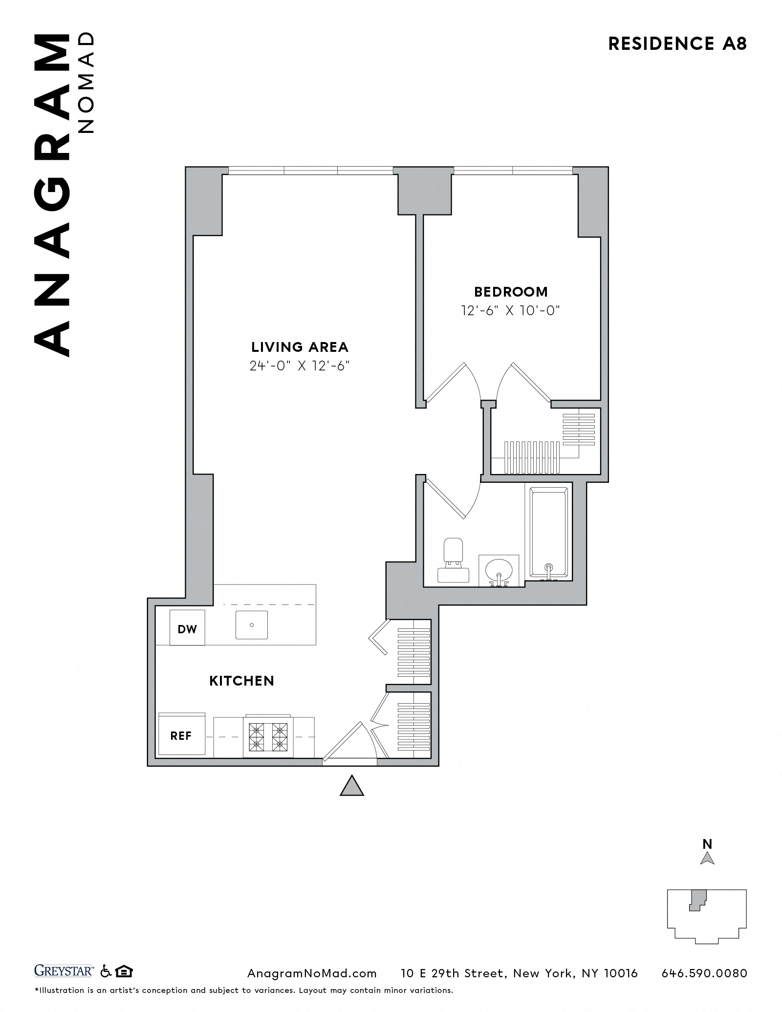 Floor plan for 1 bed, 1 bath, 585 sqft