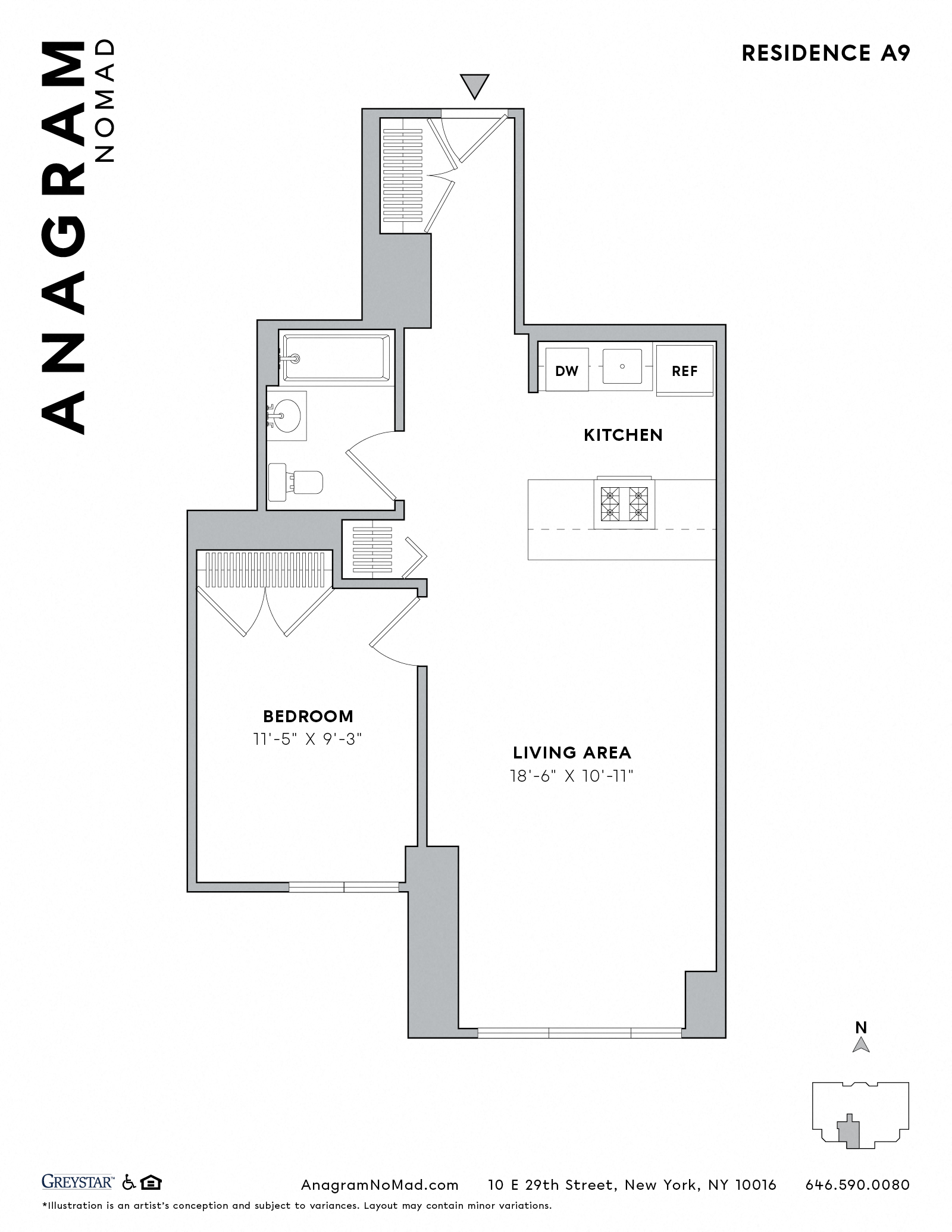 Floor plan for 1 bed, 1 bath, 618 sqft