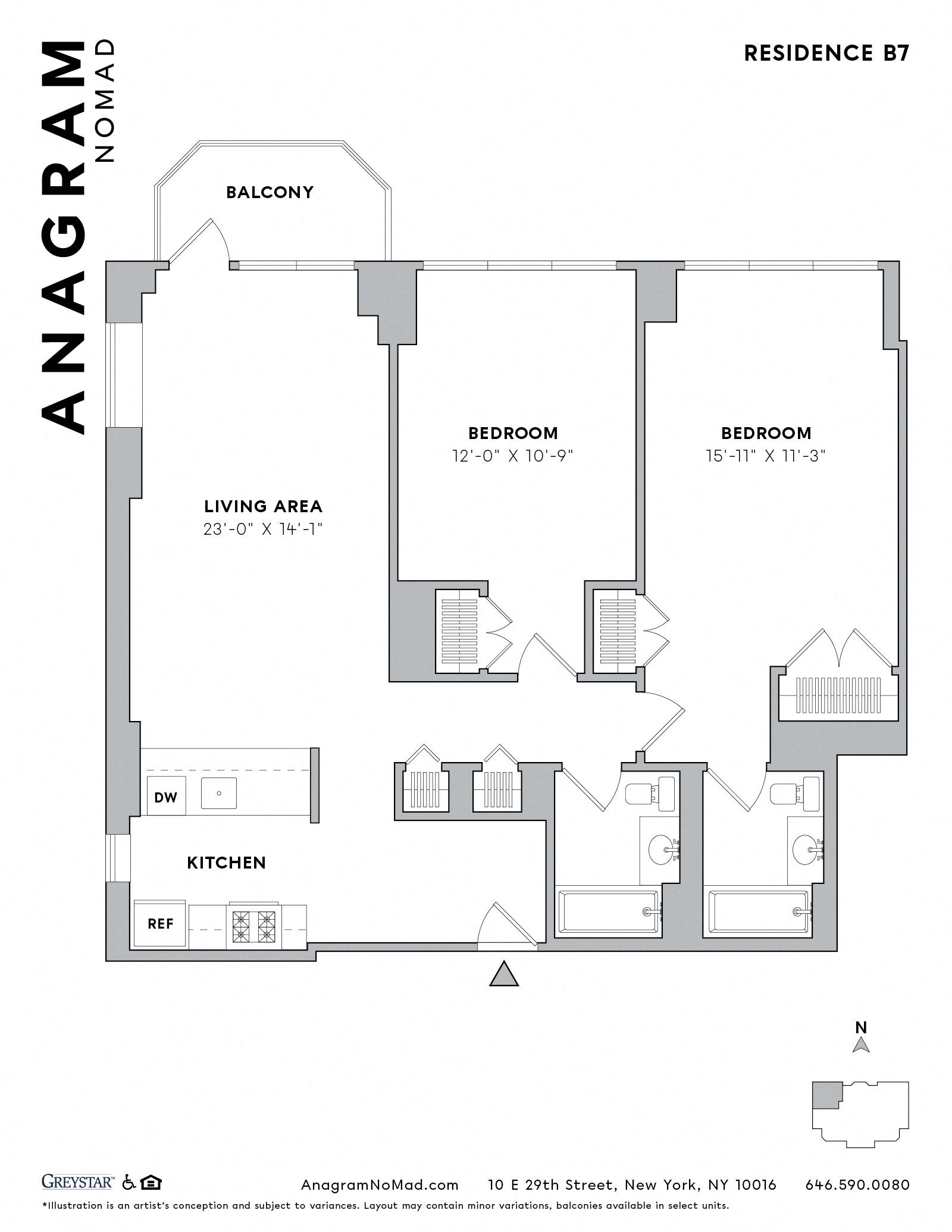 Floor plan for 2 beds, 2 baths, 1051 sqft