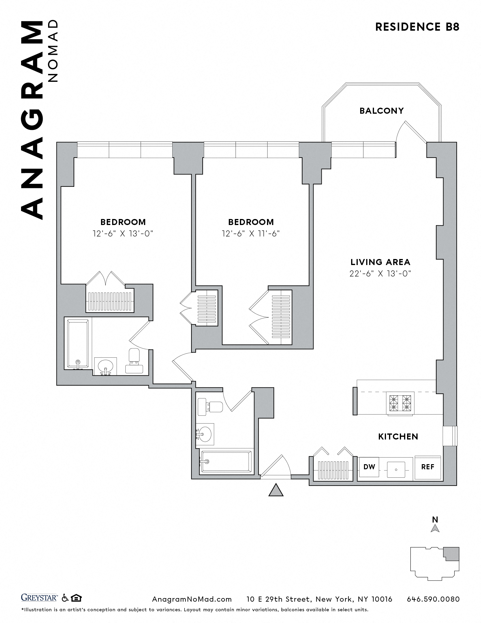 Floor plan for 2 beds, 2 baths, 1052 sqft