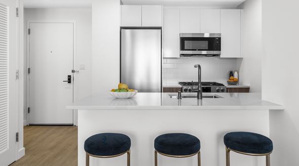 New Rochelle apartment for rent - A kitchen with a white counter and a refrigerator.