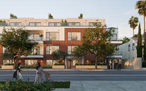 Los Angeles apartment for rent - a rendering of an apartment building with people walking in front of it