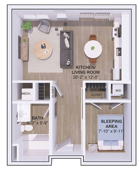 Floor plan for studio, 1 bath, 560 sqft