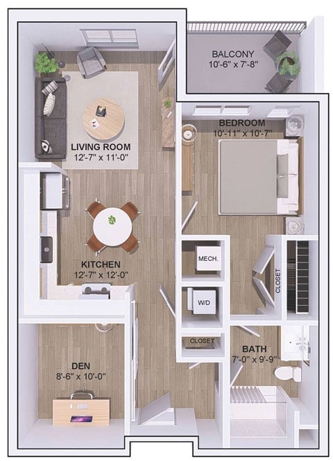 Floor plan for 1 bed, 1 bath, 790 sqft