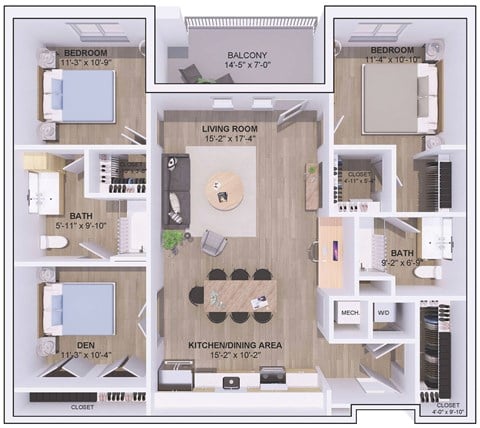 Floor plan for 2 beds, 2 baths, 1185 sqft