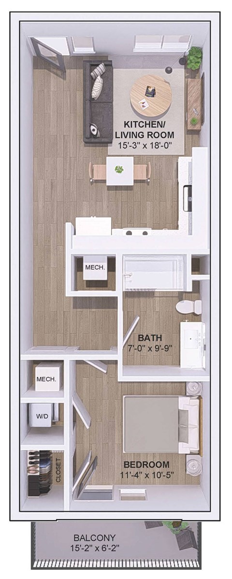 Floor plan for 1 bed, 1 bath, 640 sqft