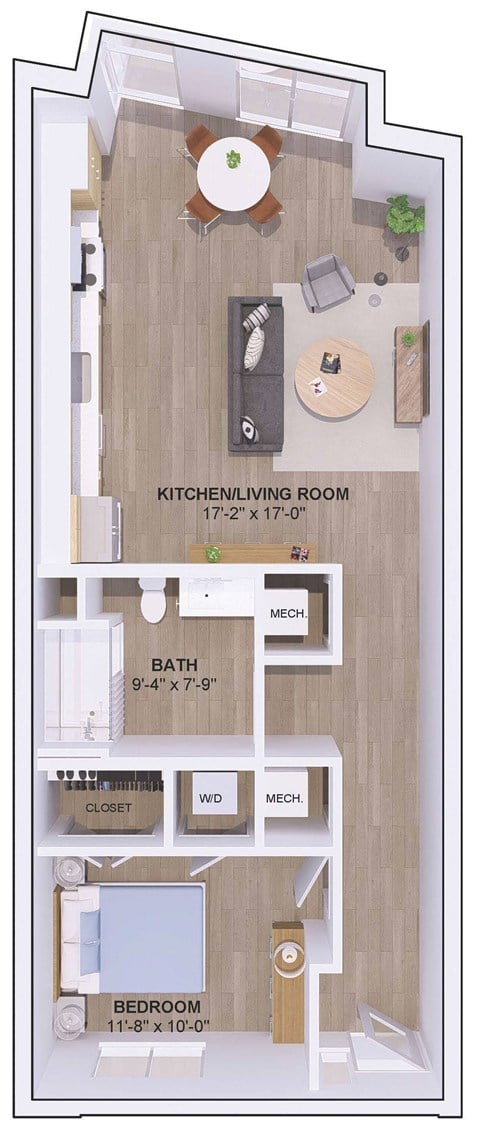 Floor plan for 1 bed, 1 bath, 785 sqft