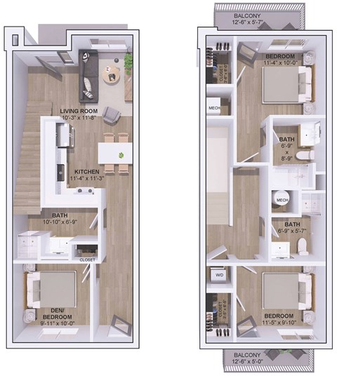 Floor plan for 3 beds, 3 baths, 1250 sqft