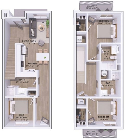 Floor plan for 2 beds, 3 baths, 1250 sqft