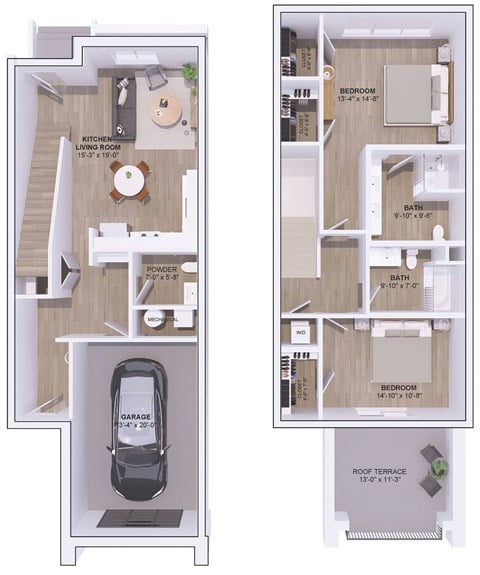 Floor plan for 2 beds, 2.5 baths, 1550 sqft
