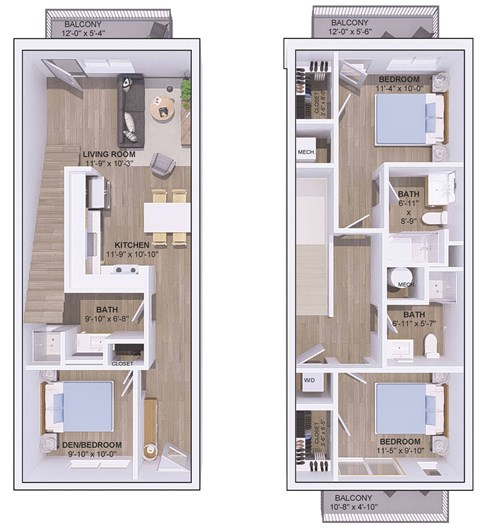 Floor plan for 2 beds, 3 baths, 1250 sqft