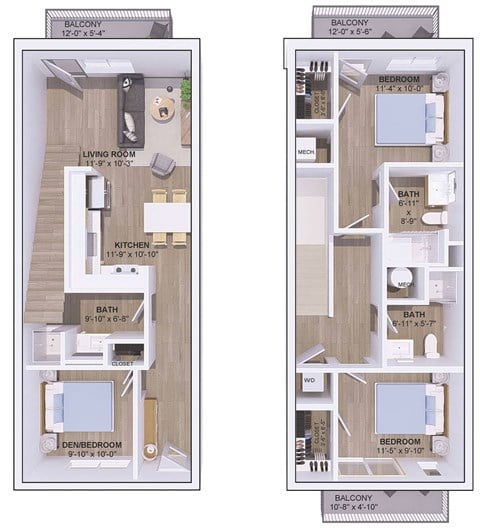 Floor plan for 2 beds, 3 baths, 1315 sqft