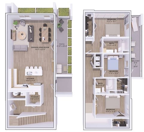 Floor plan for 3 beds, 3 baths, 1985 sqft