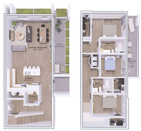 Floor plan for 3 beds, 3 baths, 1985 sqft