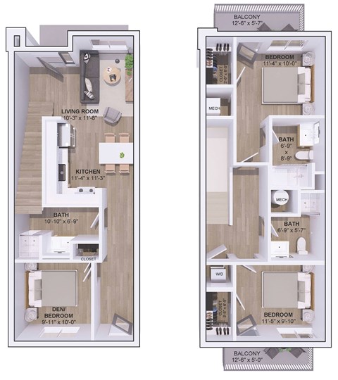 Floor plan for 3 beds, 3 baths, 1210 sqft