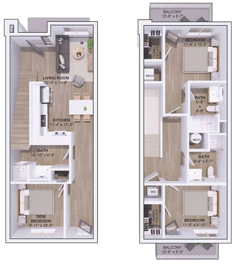 Floor plan for 2 beds, 3 baths, 1210 sqft